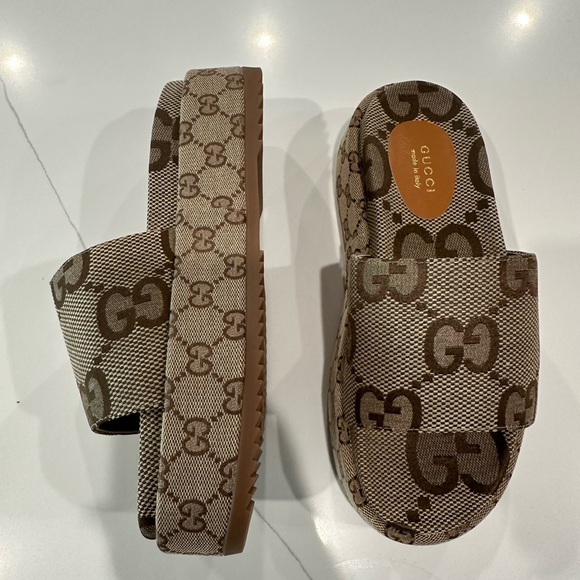 Gucci Shoes - Gucci Beige Brown GG Canvas Slide Sandals